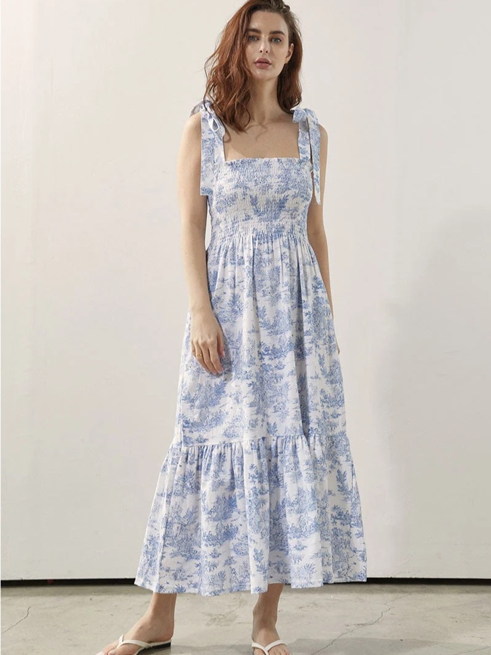 Smocked Square Neck Tie-Strap Maxi Dress in Blue Floral Nothing Fits But